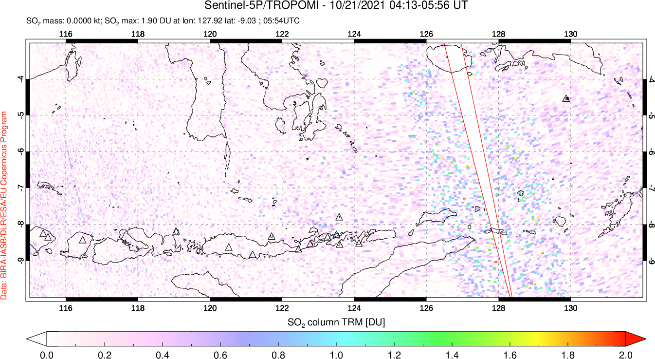 A sulfur dioxide image over Lesser Sunda Islands, Indonesia on Oct 21, 2021.