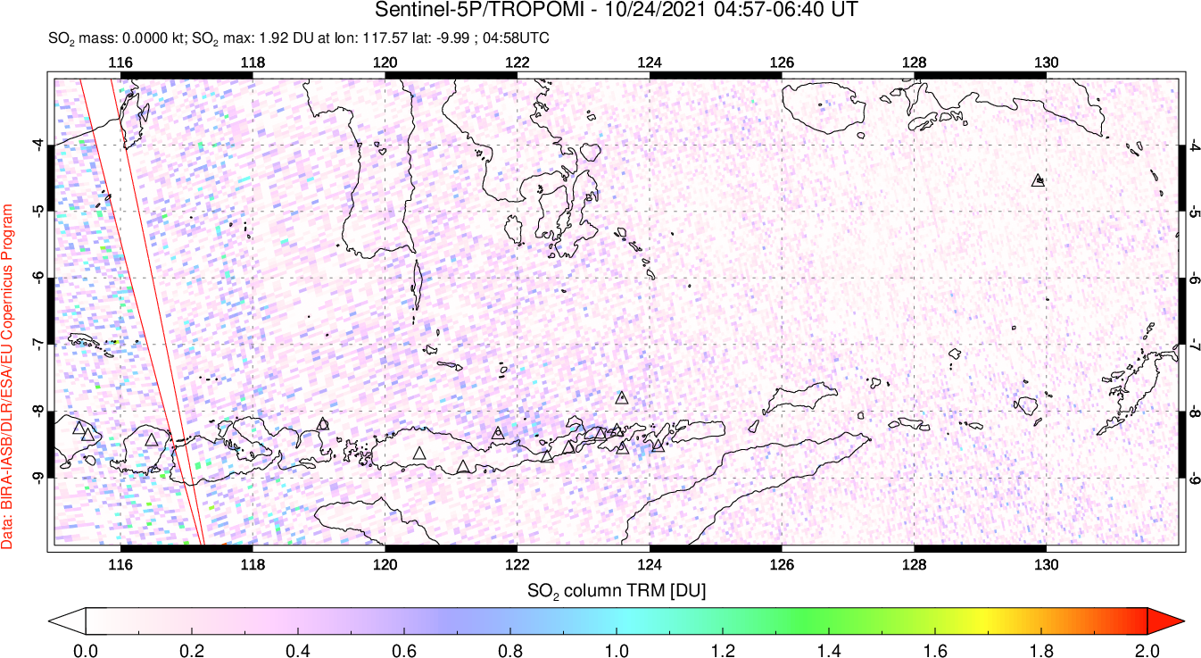 A sulfur dioxide image over Lesser Sunda Islands, Indonesia on Oct 24, 2021.