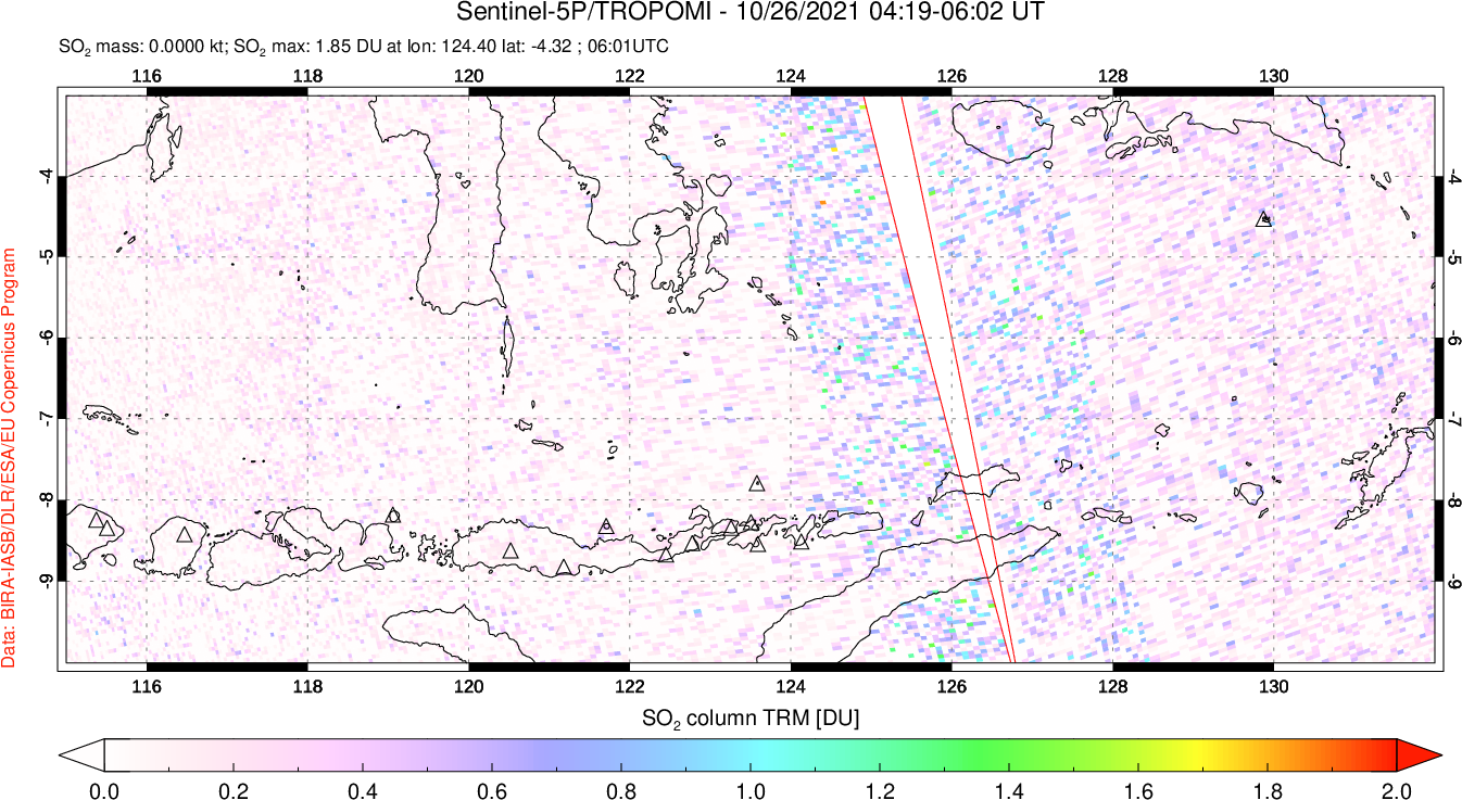 A sulfur dioxide image over Lesser Sunda Islands, Indonesia on Oct 26, 2021.