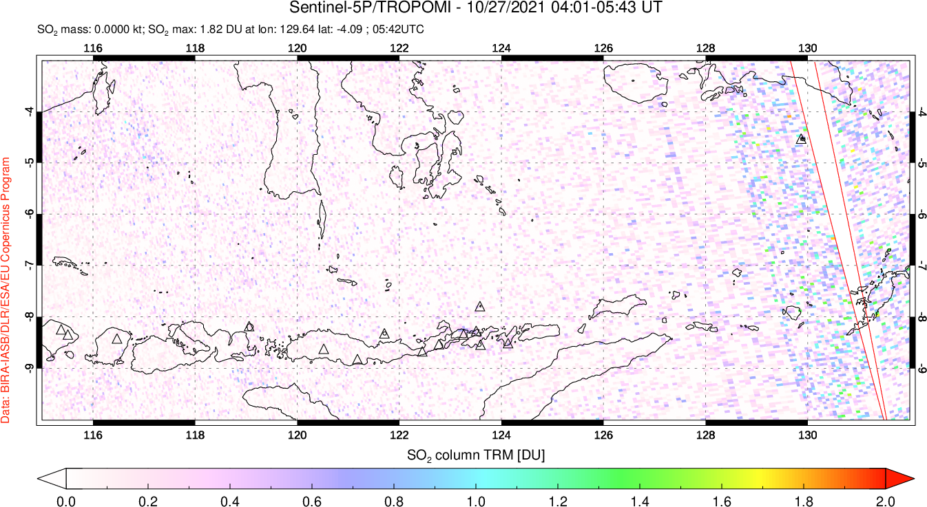 A sulfur dioxide image over Lesser Sunda Islands, Indonesia on Oct 27, 2021.