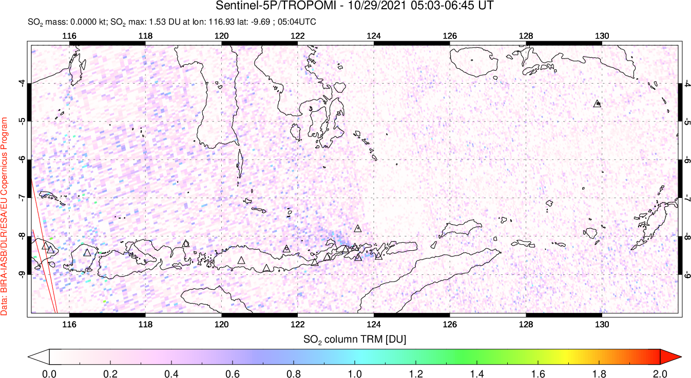 A sulfur dioxide image over Lesser Sunda Islands, Indonesia on Oct 29, 2021.