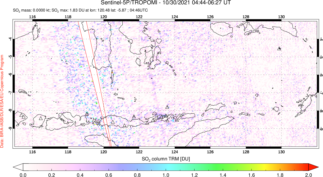 A sulfur dioxide image over Lesser Sunda Islands, Indonesia on Oct 30, 2021.