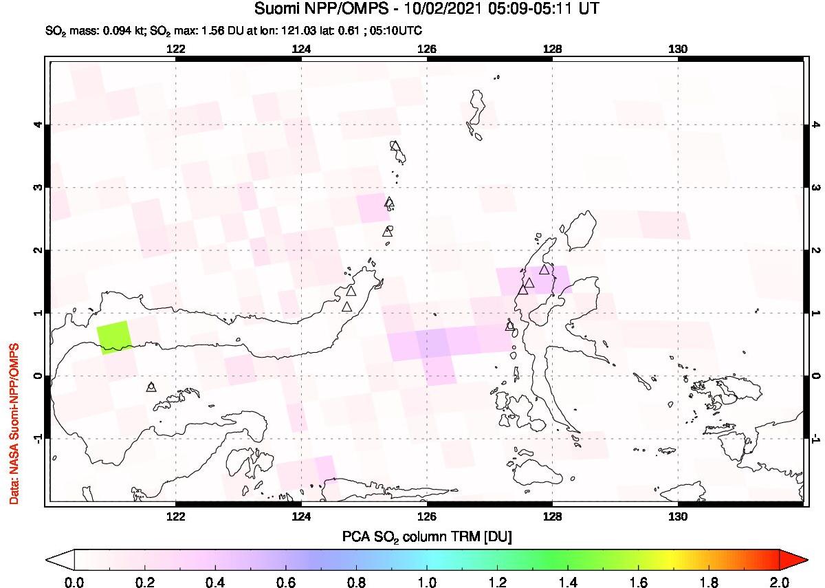 A sulfur dioxide image over Northern Sulawesi & Halmahera, Indonesia on Oct 02, 2021.