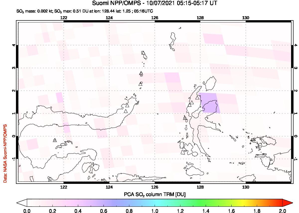 A sulfur dioxide image over Northern Sulawesi & Halmahera, Indonesia on Oct 07, 2021.