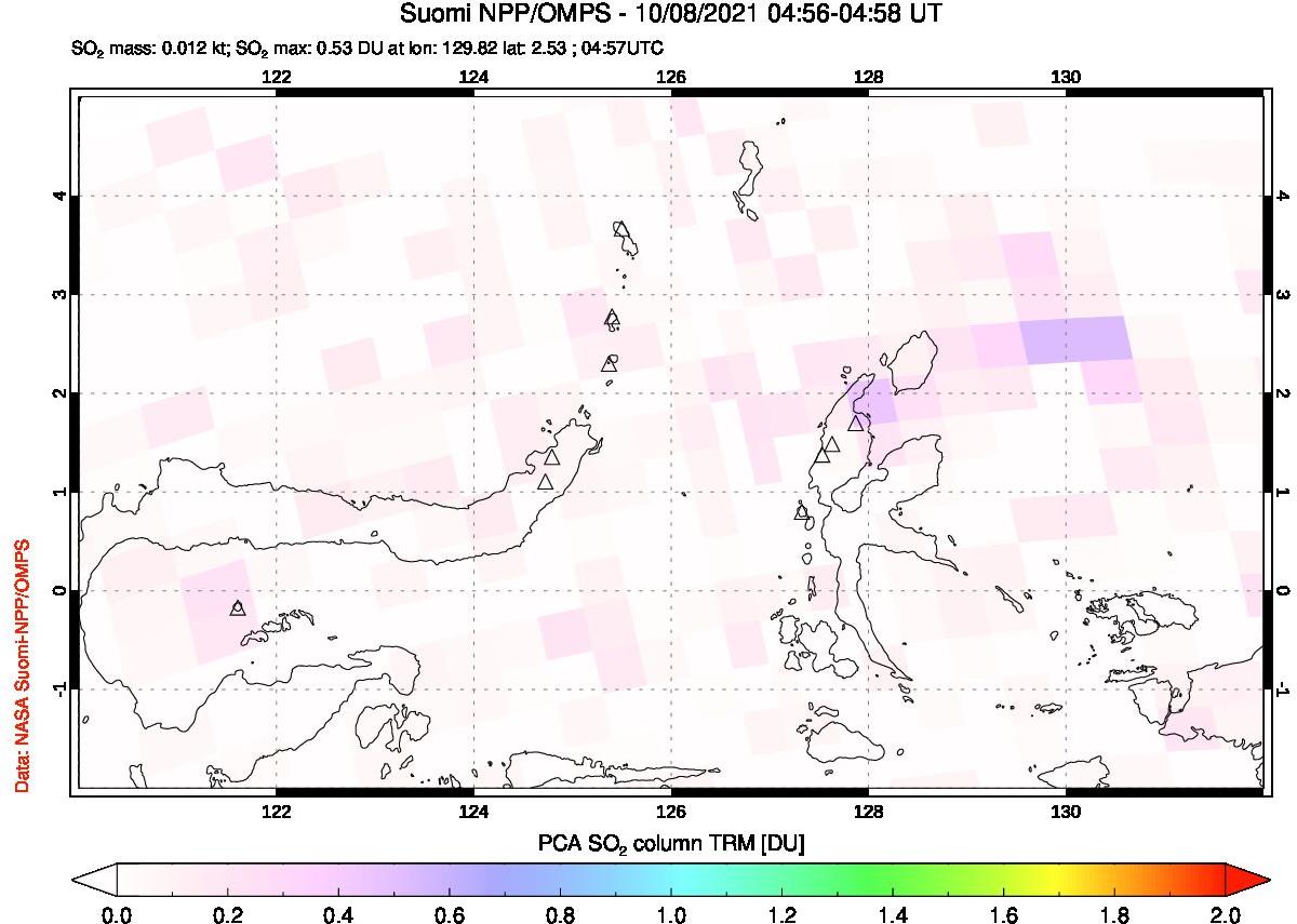 A sulfur dioxide image over Northern Sulawesi & Halmahera, Indonesia on Oct 08, 2021.
