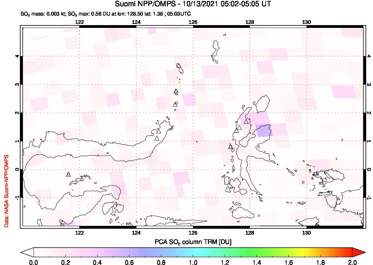A sulfur dioxide image over Northern Sulawesi & Halmahera, Indonesia on Oct 13, 2021.