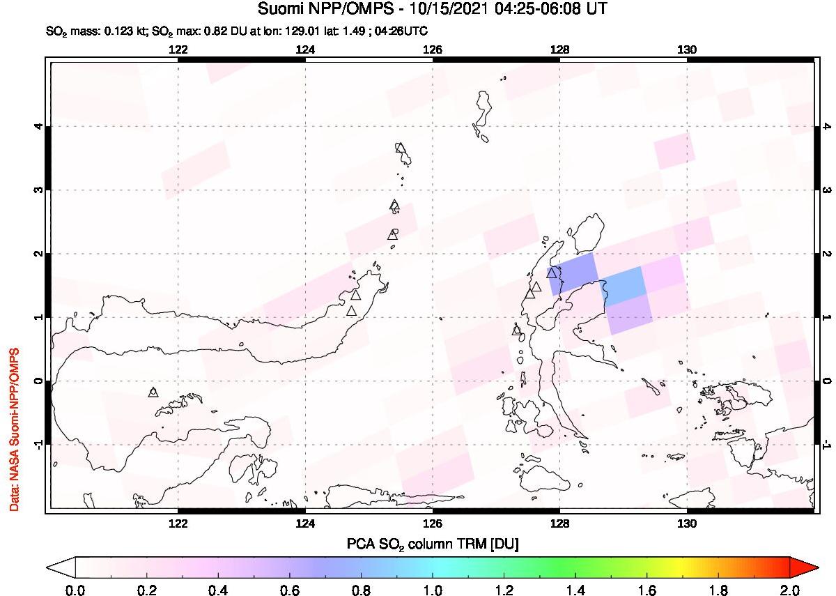A sulfur dioxide image over Northern Sulawesi & Halmahera, Indonesia on Oct 15, 2021.