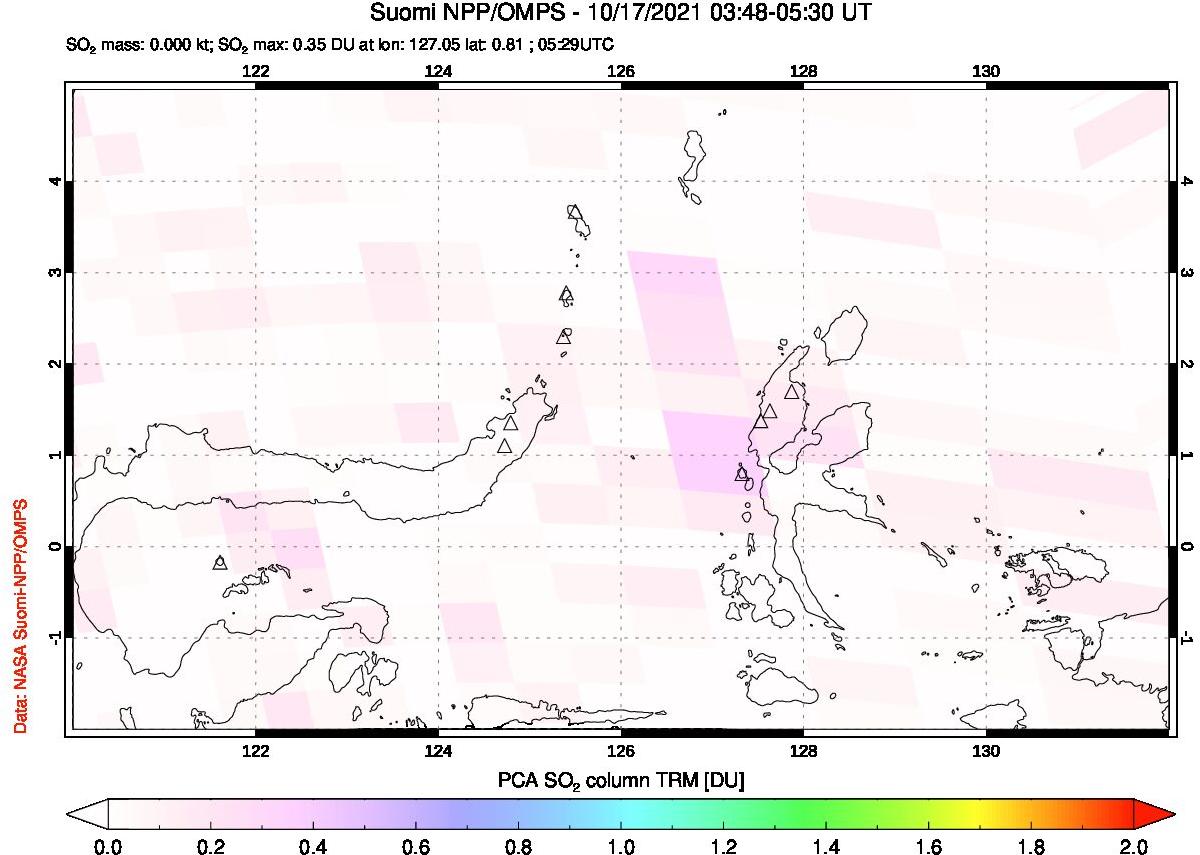 A sulfur dioxide image over Northern Sulawesi & Halmahera, Indonesia on Oct 17, 2021.