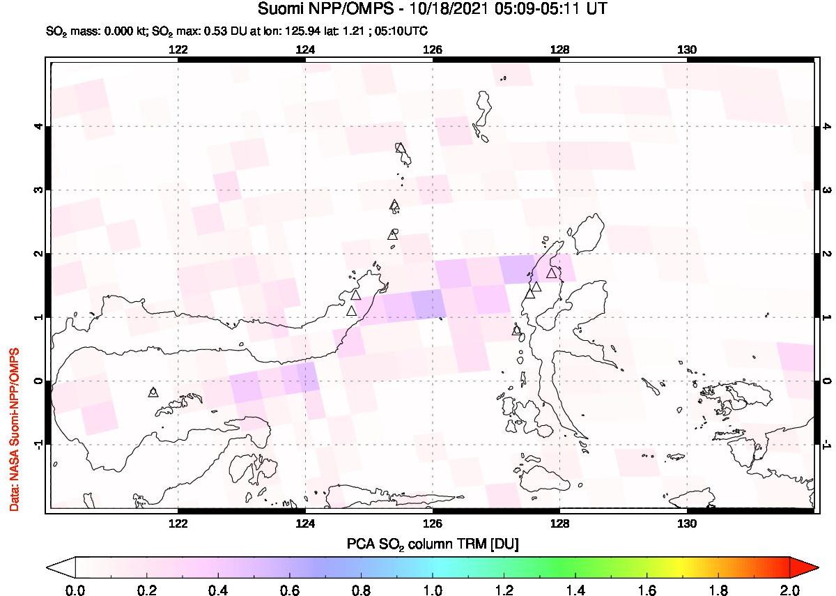 A sulfur dioxide image over Northern Sulawesi & Halmahera, Indonesia on Oct 18, 2021.