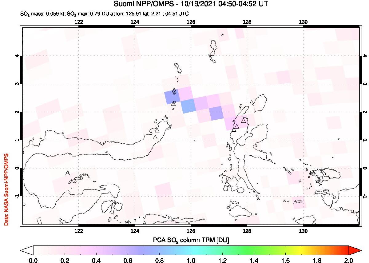 A sulfur dioxide image over Northern Sulawesi & Halmahera, Indonesia on Oct 19, 2021.