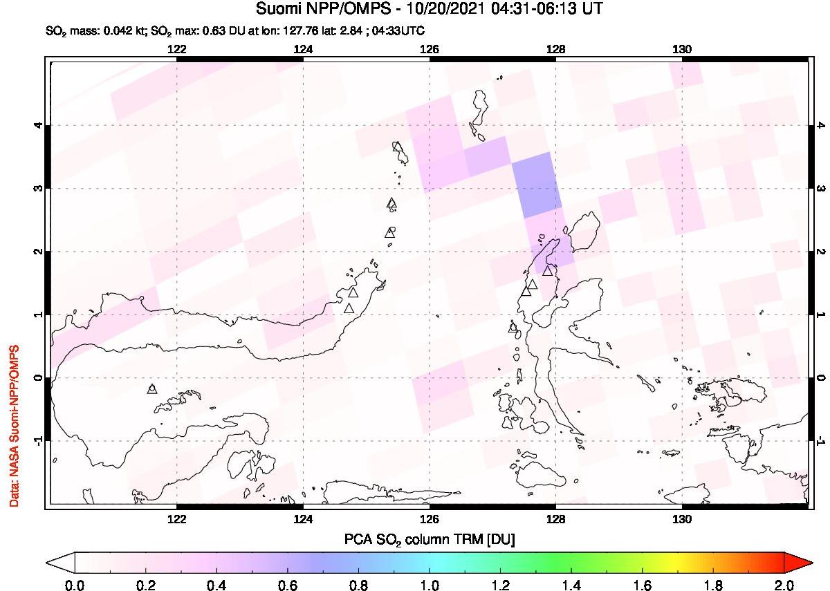 A sulfur dioxide image over Northern Sulawesi & Halmahera, Indonesia on Oct 20, 2021.