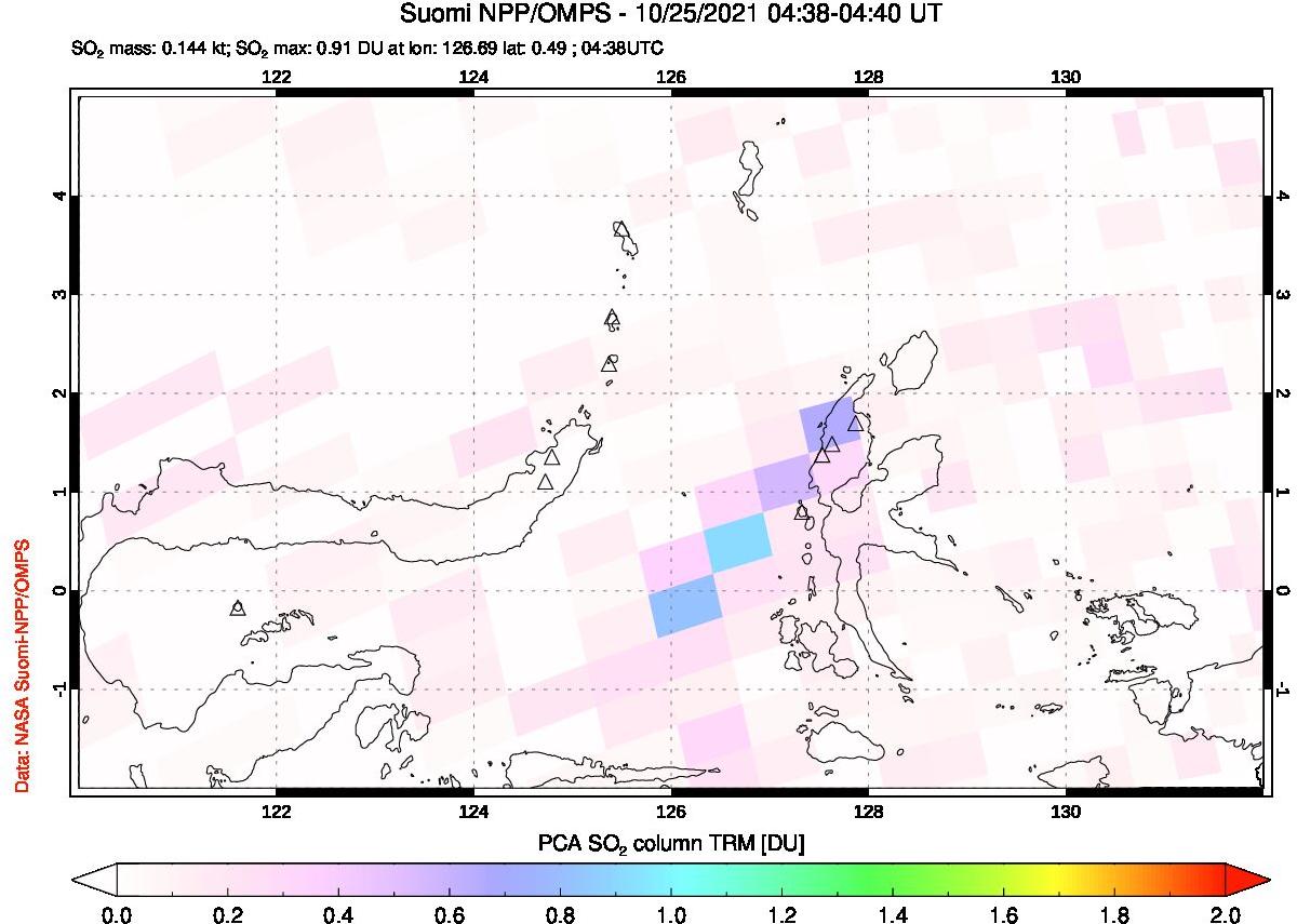 A sulfur dioxide image over Northern Sulawesi & Halmahera, Indonesia on Oct 25, 2021.