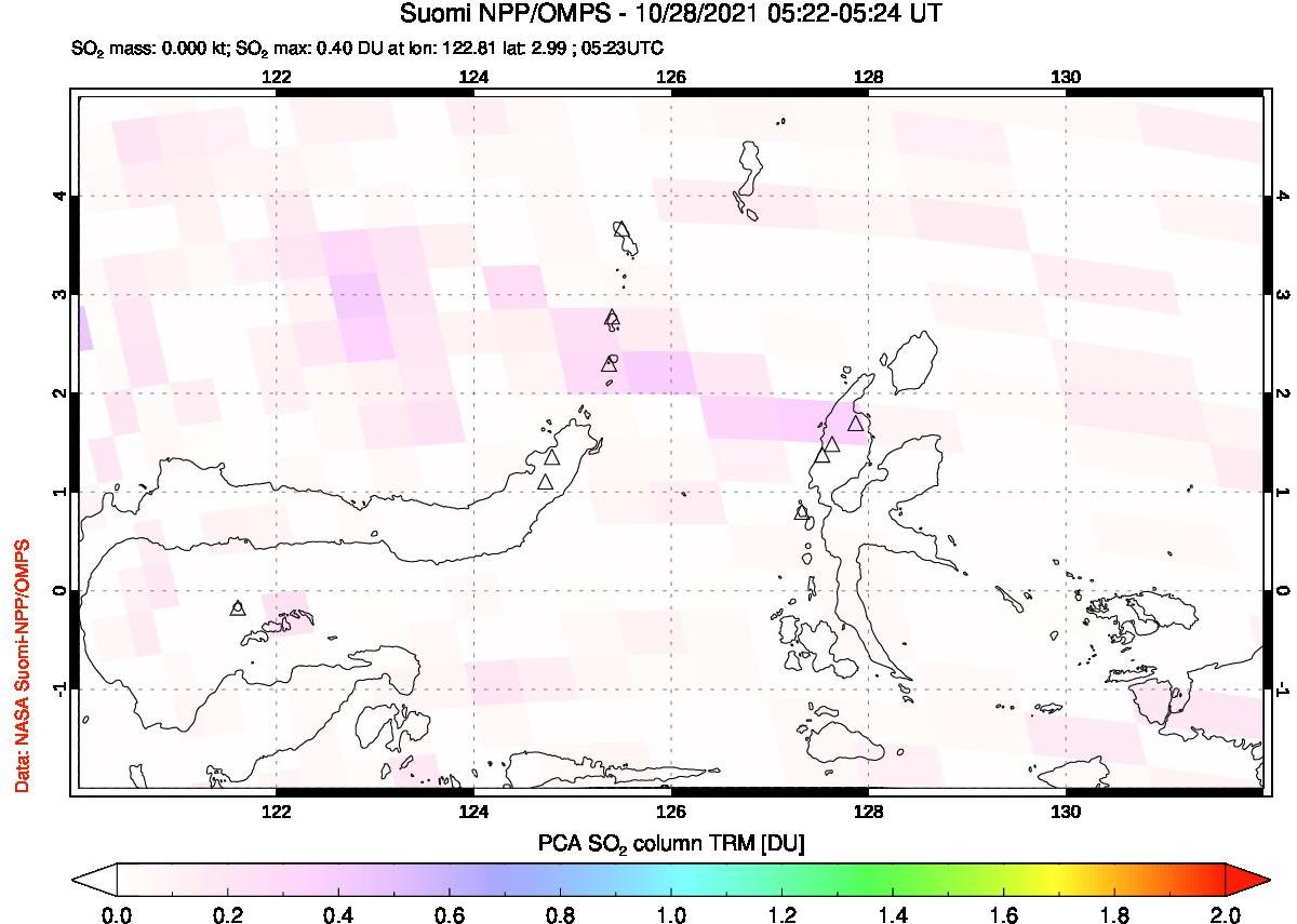 A sulfur dioxide image over Northern Sulawesi & Halmahera, Indonesia on Oct 28, 2021.