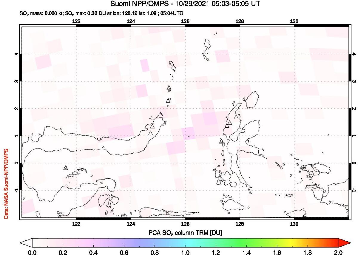 A sulfur dioxide image over Northern Sulawesi & Halmahera, Indonesia on Oct 29, 2021.