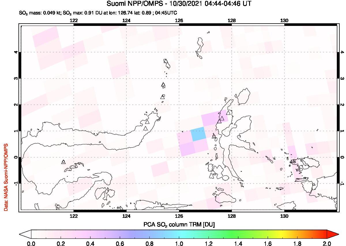A sulfur dioxide image over Northern Sulawesi & Halmahera, Indonesia on Oct 30, 2021.