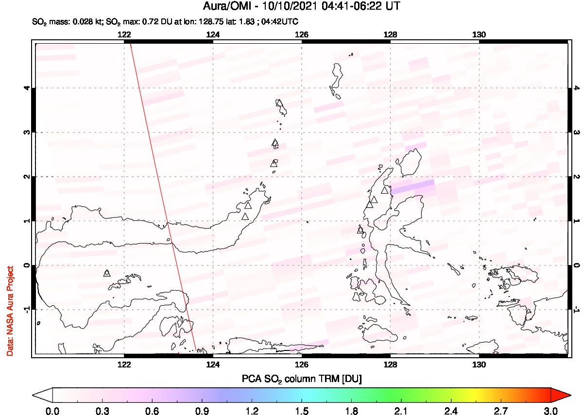 A sulfur dioxide image over Northern Sulawesi & Halmahera, Indonesia on Oct 10, 2021.