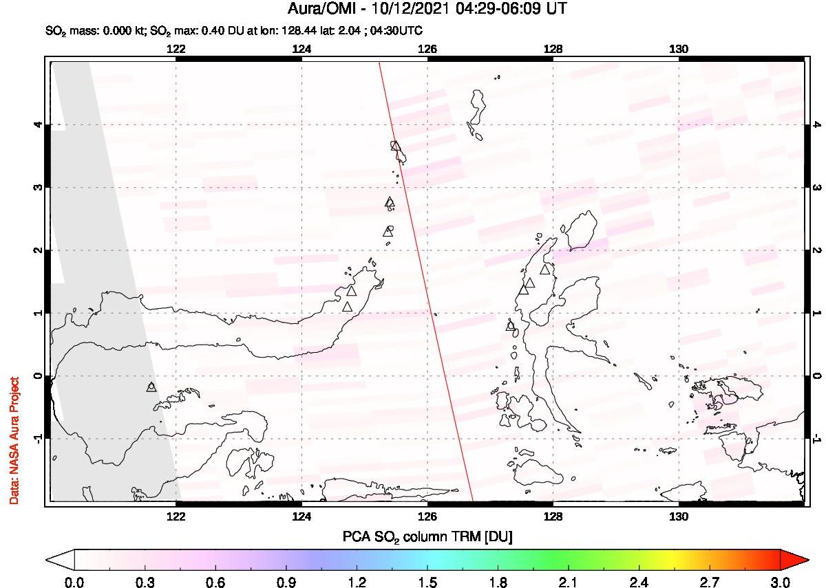 A sulfur dioxide image over Northern Sulawesi & Halmahera, Indonesia on Oct 12, 2021.