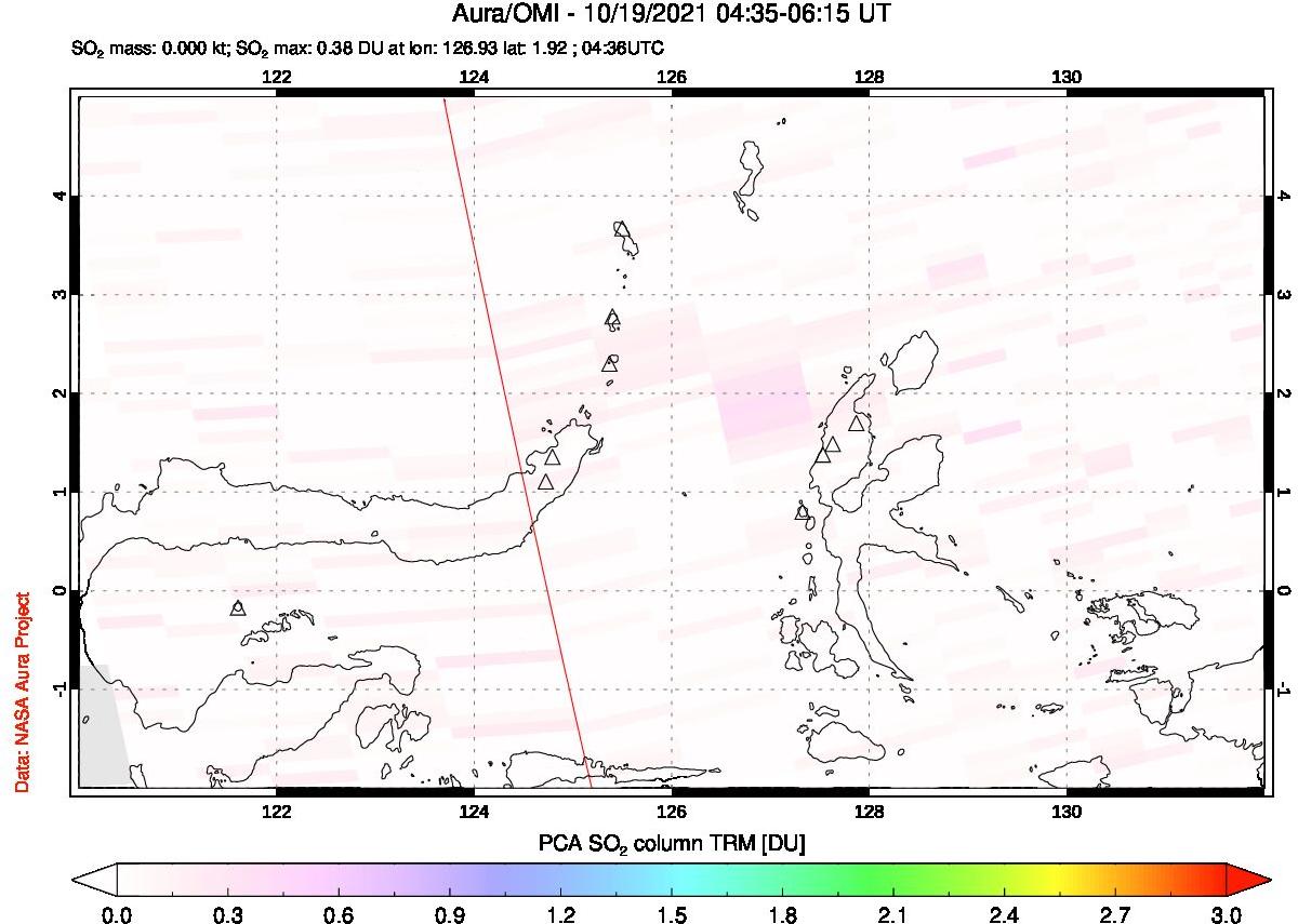 A sulfur dioxide image over Northern Sulawesi & Halmahera, Indonesia on Oct 19, 2021.