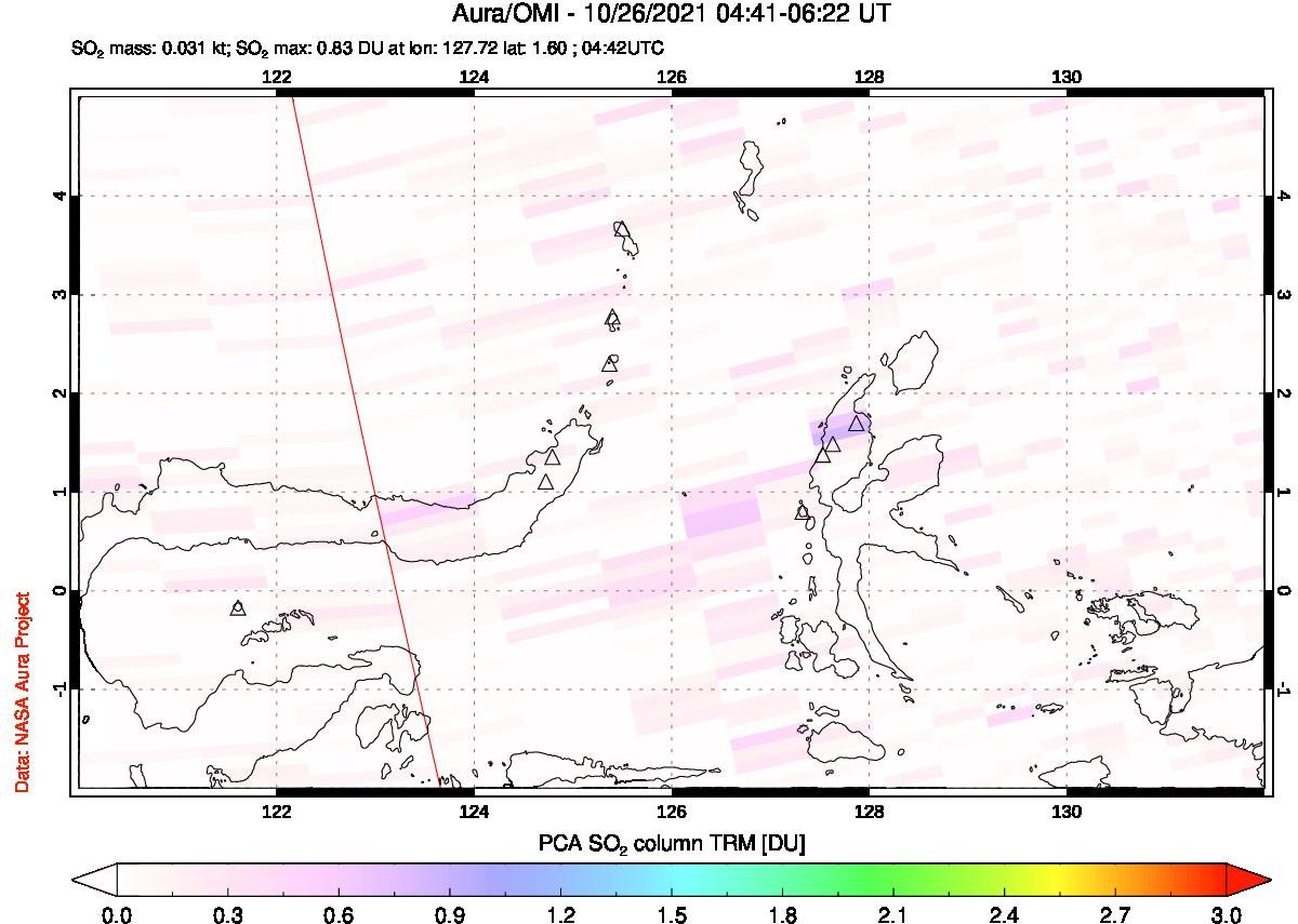 A sulfur dioxide image over Northern Sulawesi & Halmahera, Indonesia on Oct 26, 2021.