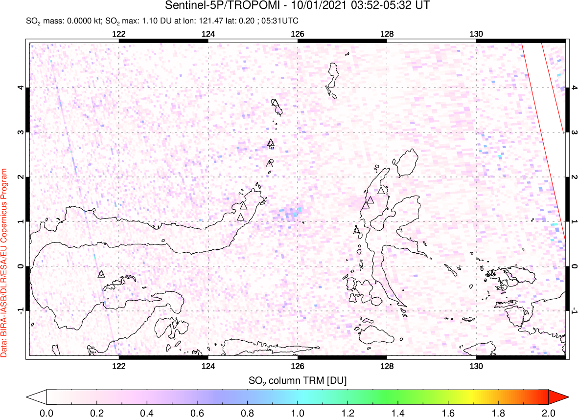 A sulfur dioxide image over Northern Sulawesi & Halmahera, Indonesia on Oct 01, 2021.