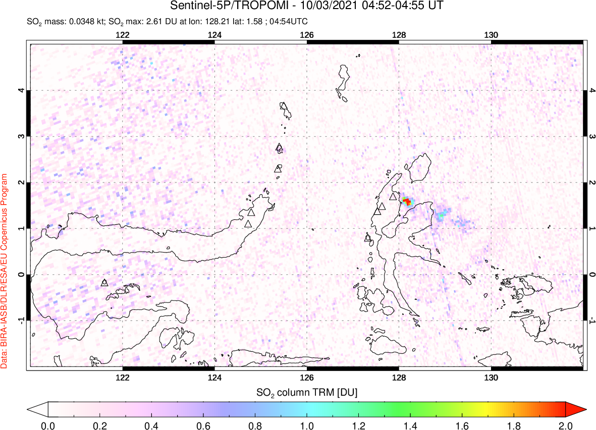 A sulfur dioxide image over Northern Sulawesi & Halmahera, Indonesia on Oct 03, 2021.