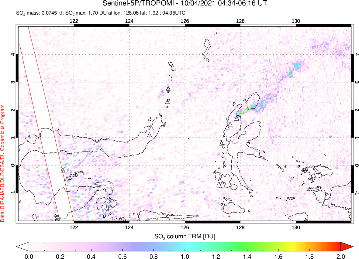 A sulfur dioxide image over Northern Sulawesi & Halmahera, Indonesia on Oct 04, 2021.
