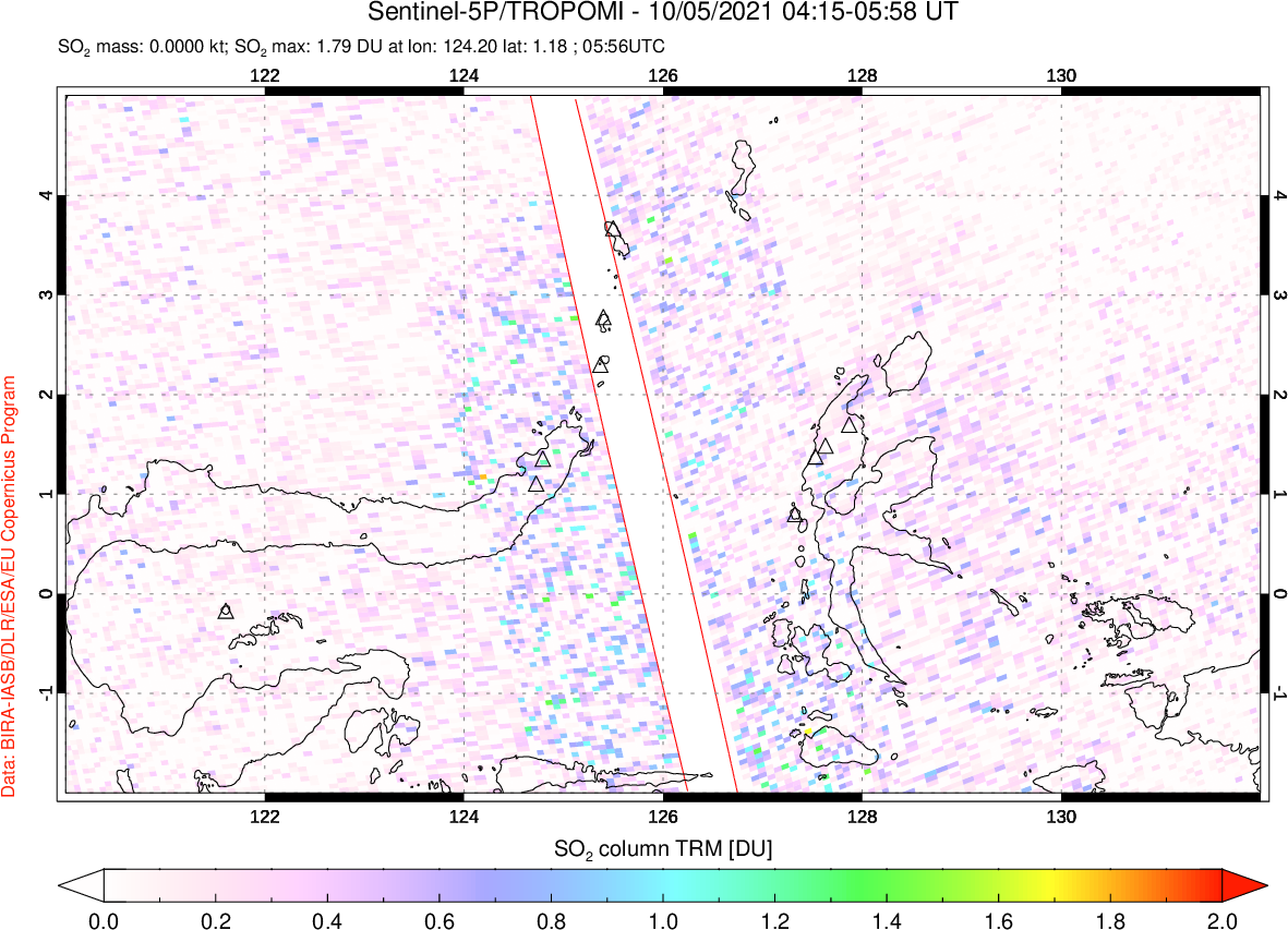 A sulfur dioxide image over Northern Sulawesi & Halmahera, Indonesia on Oct 05, 2021.