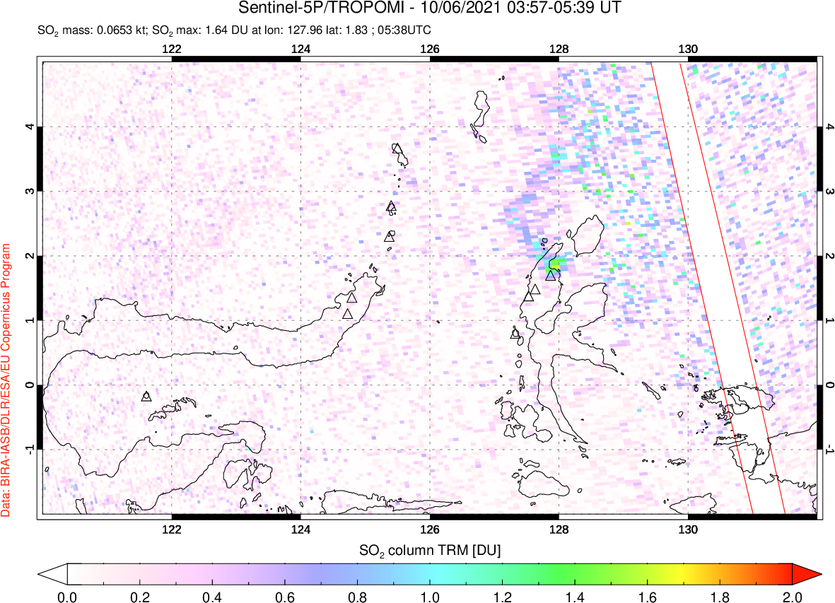 A sulfur dioxide image over Northern Sulawesi & Halmahera, Indonesia on Oct 06, 2021.