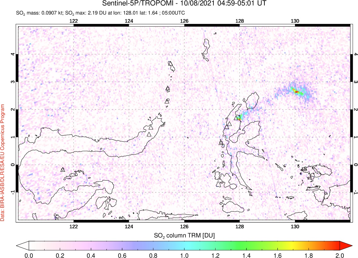 A sulfur dioxide image over Northern Sulawesi & Halmahera, Indonesia on Oct 08, 2021.