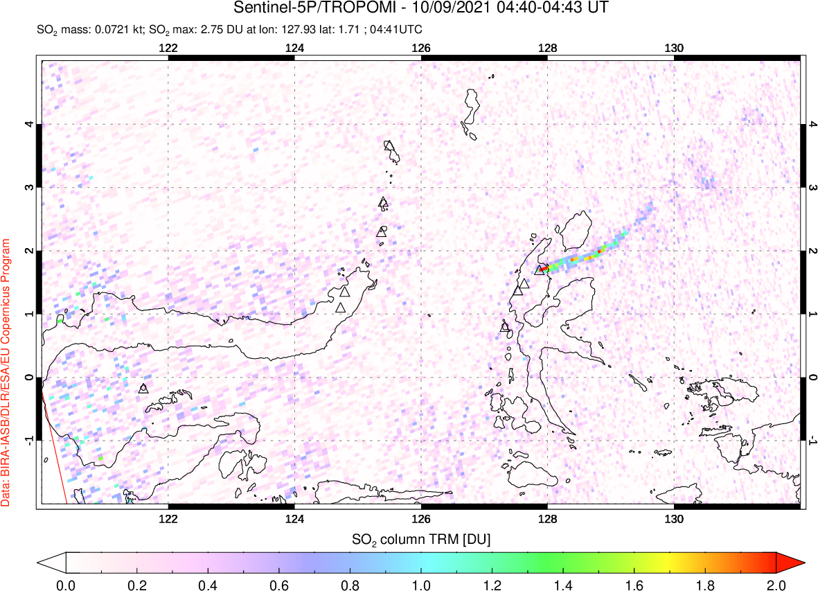 A sulfur dioxide image over Northern Sulawesi & Halmahera, Indonesia on Oct 09, 2021.