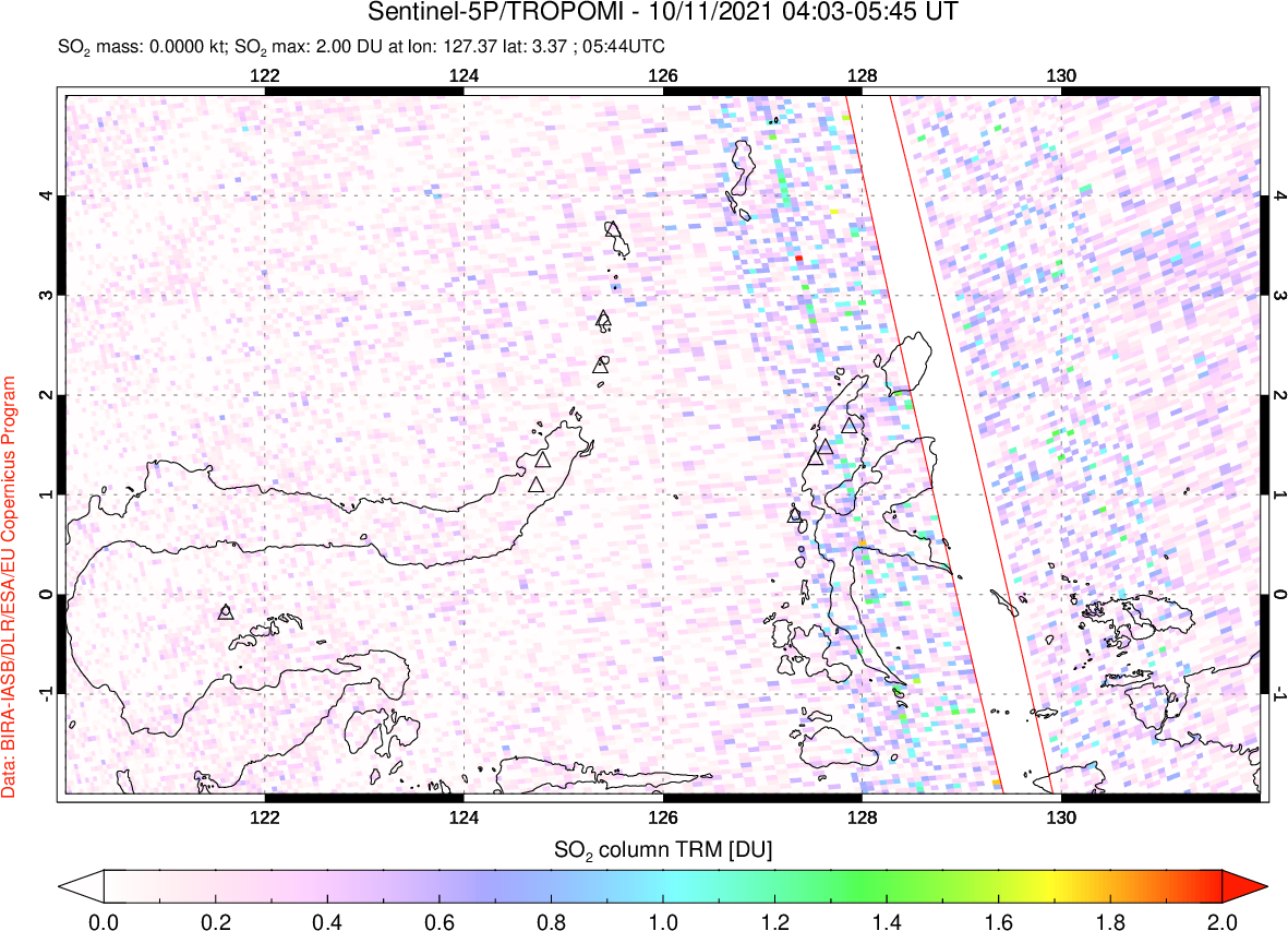 A sulfur dioxide image over Northern Sulawesi & Halmahera, Indonesia on Oct 11, 2021.