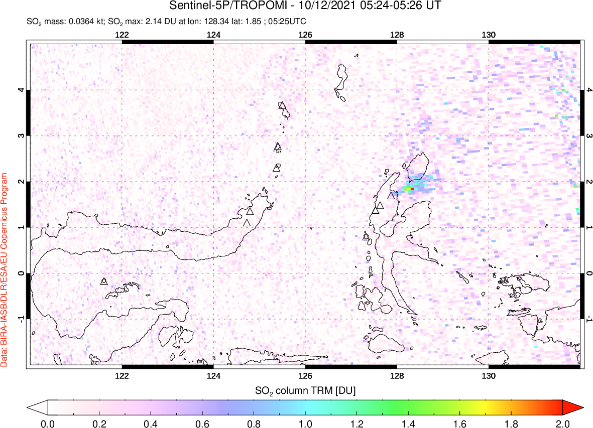 A sulfur dioxide image over Northern Sulawesi & Halmahera, Indonesia on Oct 12, 2021.