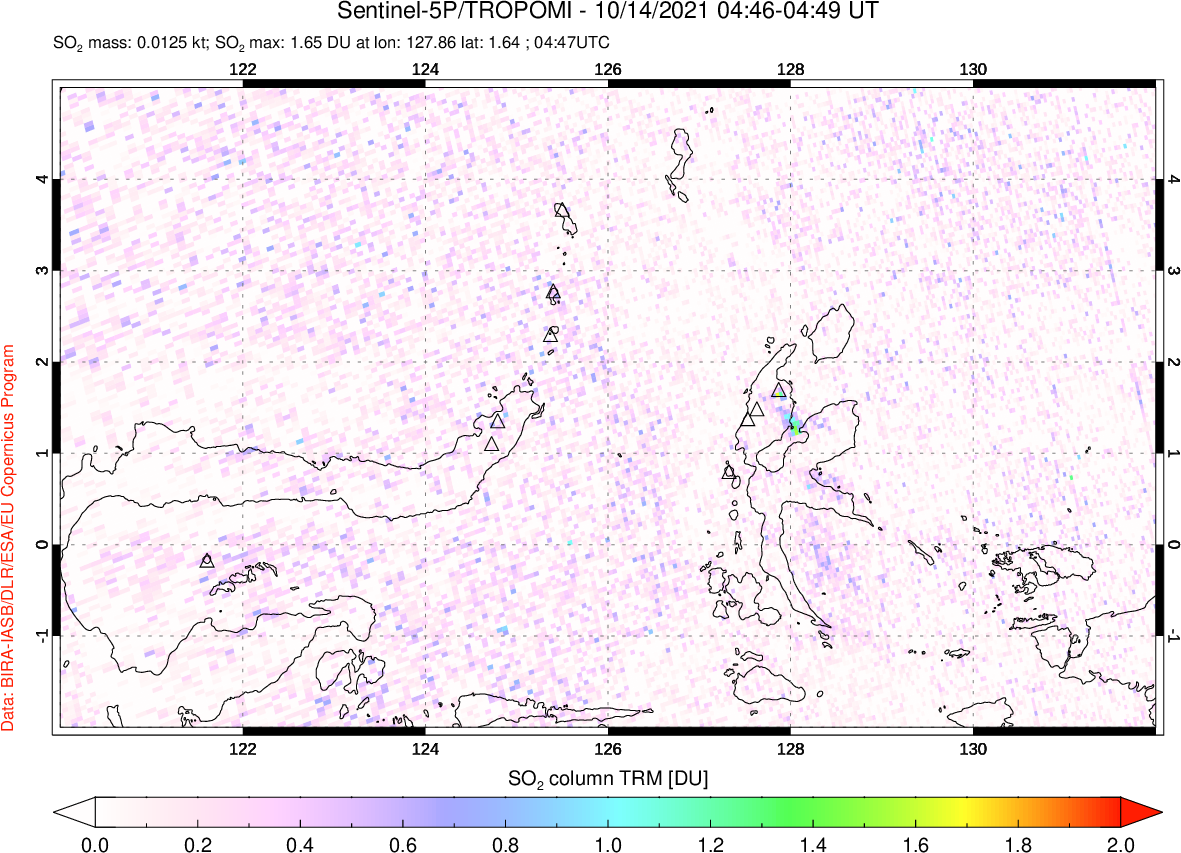 A sulfur dioxide image over Northern Sulawesi & Halmahera, Indonesia on Oct 14, 2021.