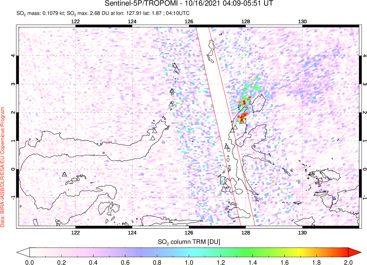 A sulfur dioxide image over Northern Sulawesi & Halmahera, Indonesia on Oct 16, 2021.