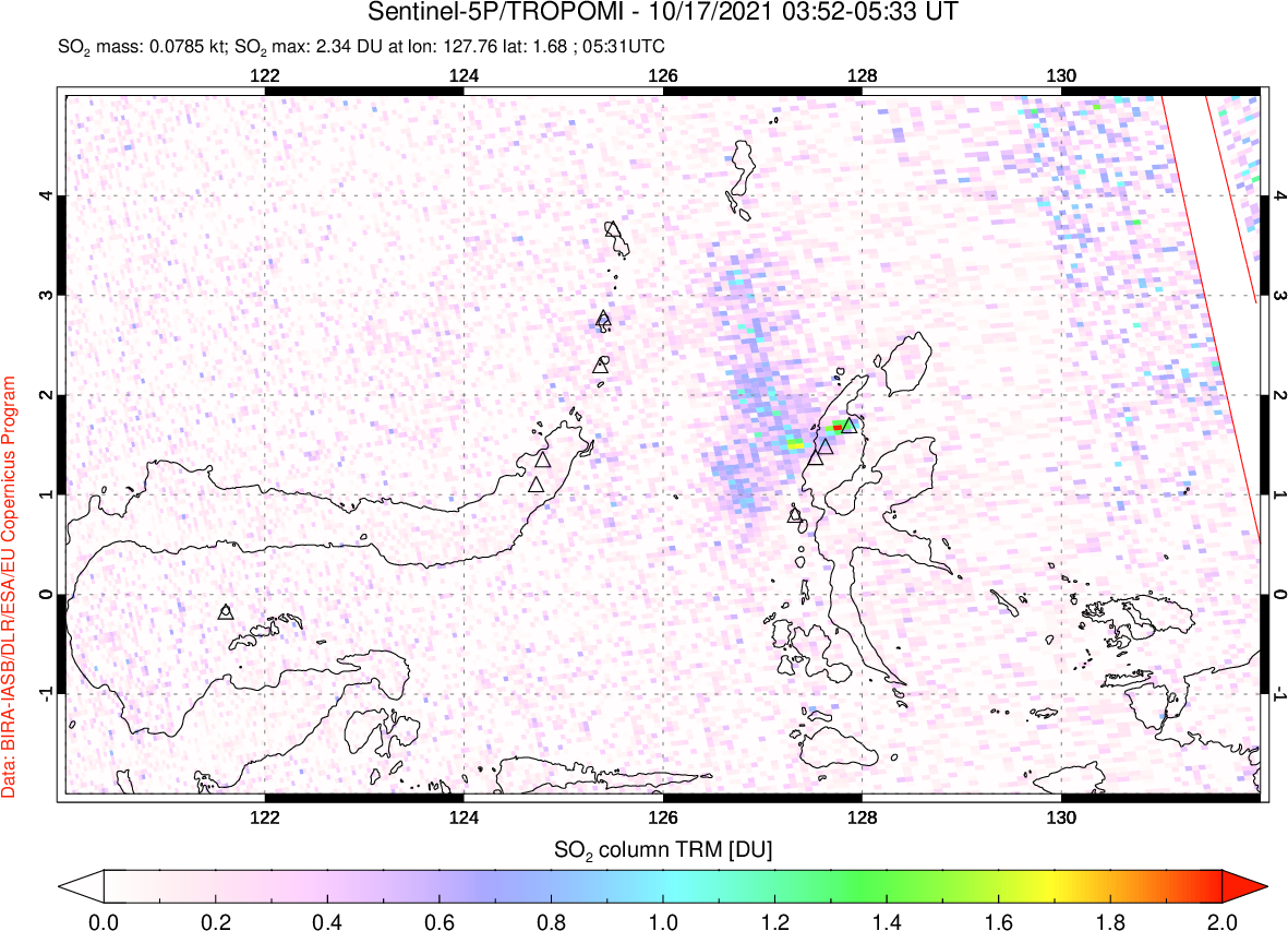 A sulfur dioxide image over Northern Sulawesi & Halmahera, Indonesia on Oct 17, 2021.