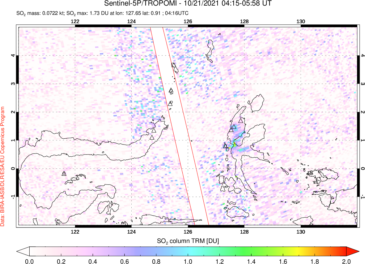 A sulfur dioxide image over Northern Sulawesi & Halmahera, Indonesia on Oct 21, 2021.