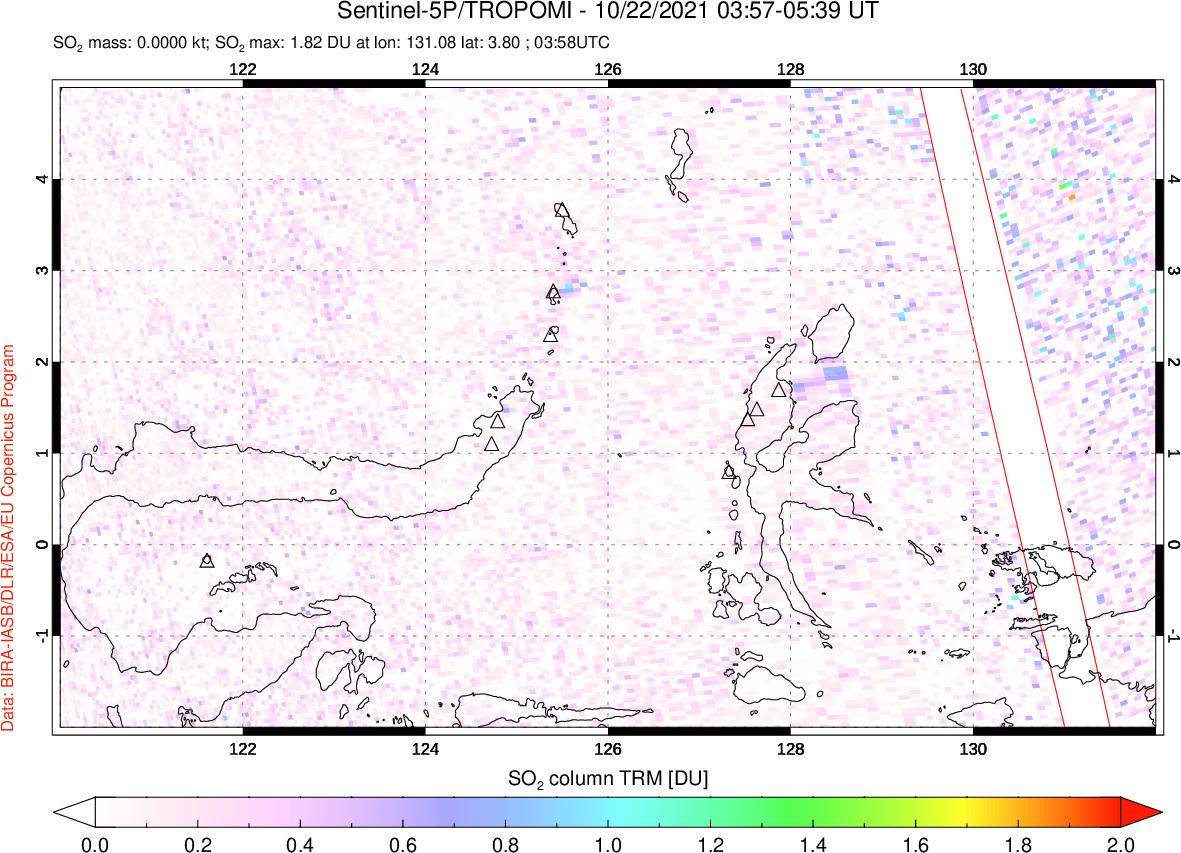 A sulfur dioxide image over Northern Sulawesi & Halmahera, Indonesia on Oct 22, 2021.