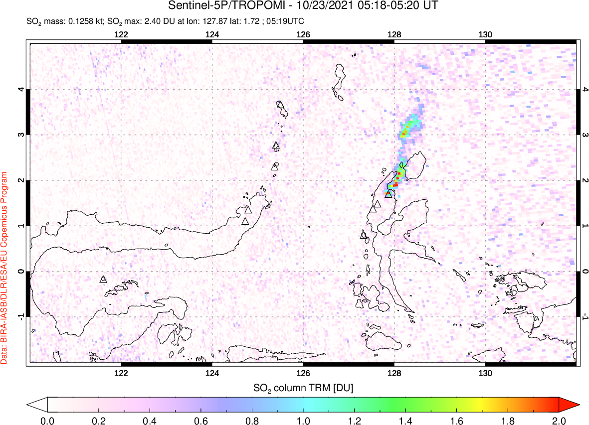 A sulfur dioxide image over Northern Sulawesi & Halmahera, Indonesia on Oct 23, 2021.