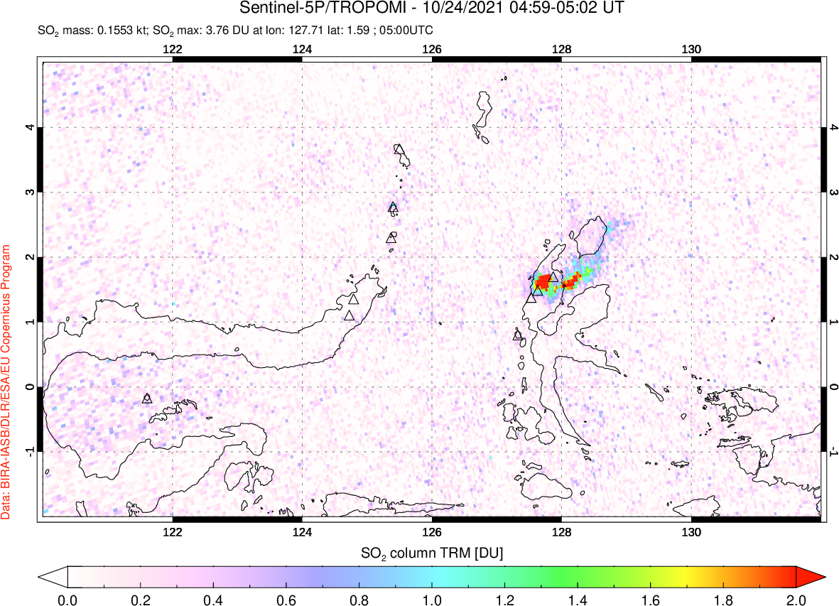 A sulfur dioxide image over Northern Sulawesi & Halmahera, Indonesia on Oct 24, 2021.