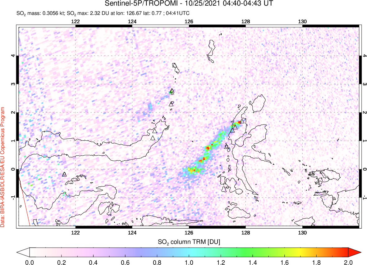 A sulfur dioxide image over Northern Sulawesi & Halmahera, Indonesia on Oct 25, 2021.