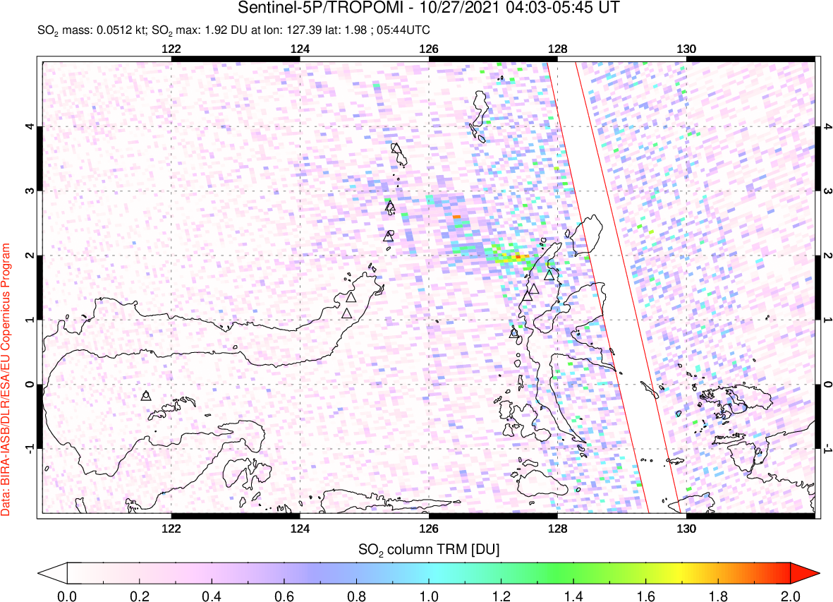 A sulfur dioxide image over Northern Sulawesi & Halmahera, Indonesia on Oct 27, 2021.