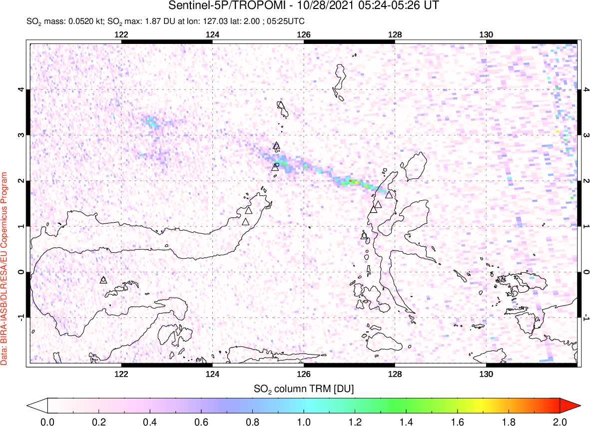 A sulfur dioxide image over Northern Sulawesi & Halmahera, Indonesia on Oct 28, 2021.