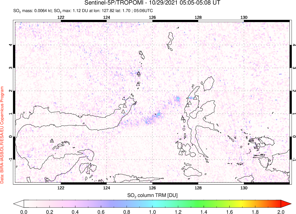 A sulfur dioxide image over Northern Sulawesi & Halmahera, Indonesia on Oct 29, 2021.