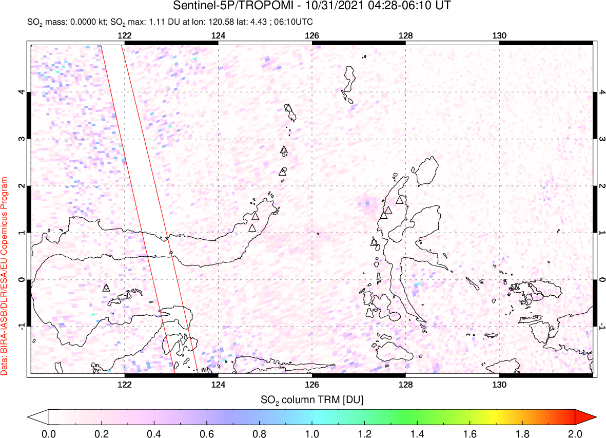 A sulfur dioxide image over Northern Sulawesi & Halmahera, Indonesia on Oct 31, 2021.
