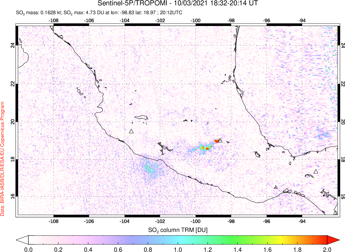 A sulfur dioxide image over Mexico on Oct 03, 2021.