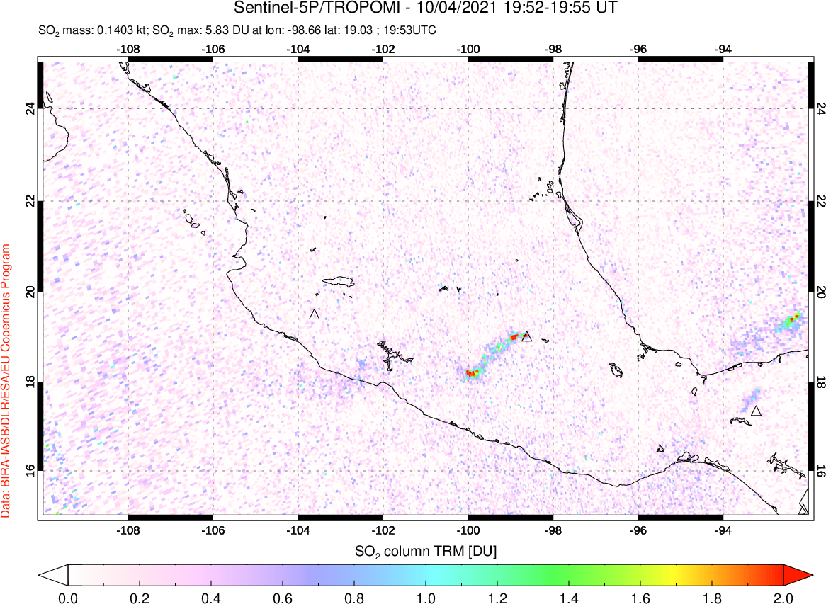 A sulfur dioxide image over Mexico on Oct 04, 2021.