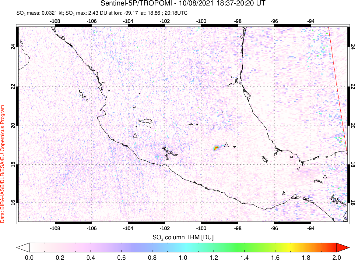 A sulfur dioxide image over Mexico on Oct 08, 2021.
