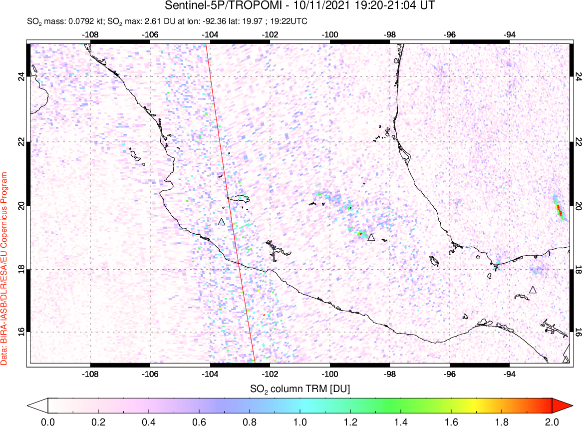 A sulfur dioxide image over Mexico on Oct 11, 2021.