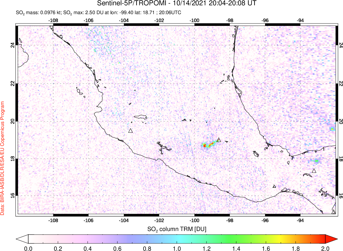 A sulfur dioxide image over Mexico on Oct 14, 2021.