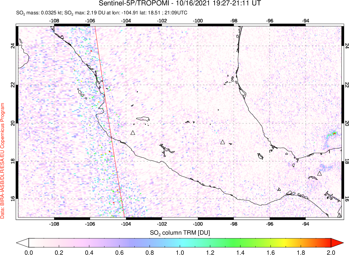 A sulfur dioxide image over Mexico on Oct 16, 2021.